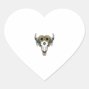 Boho Bull Skull Sunflower Vintage Western Engravin Heart Sticker