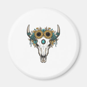 Boho Bull Skull Sunflower Vintage Western Engravin Magnet