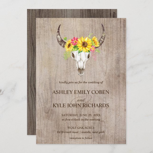 Boho Bull Skull wedding invitation with sunflowers (Front/Back)