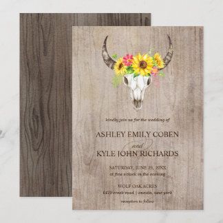 Boho Bull Skull wedding invitation with sunflowers