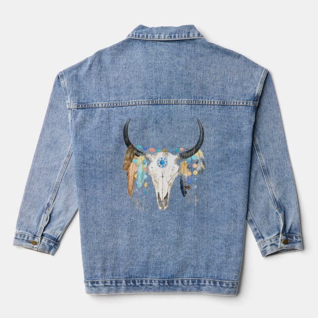 Boho Bull Skull Women's Denim Jacket (Back)