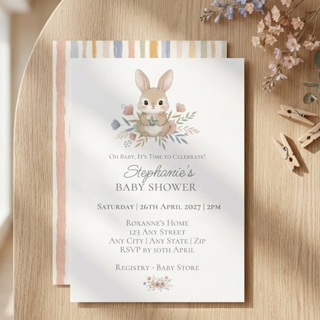 Boho Bunny Watercolor Stripe Baby Shower Invitation (Boho bunny baby shower invitation)