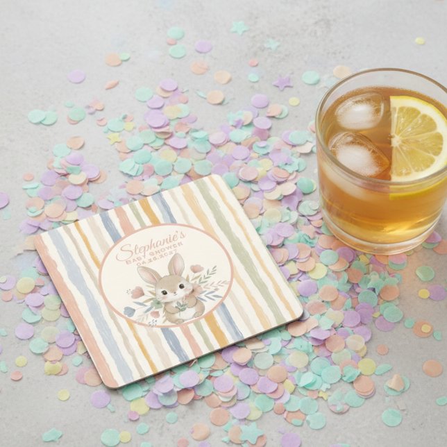 Boho Bunny Watercolor Stripe  Square Paper Coaster (Soft bunny baby shower drink coaster)
