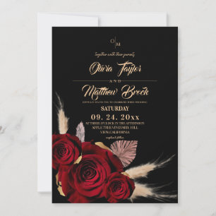  Boho Burgundy and Black Roses Floral Wedding Invitation
