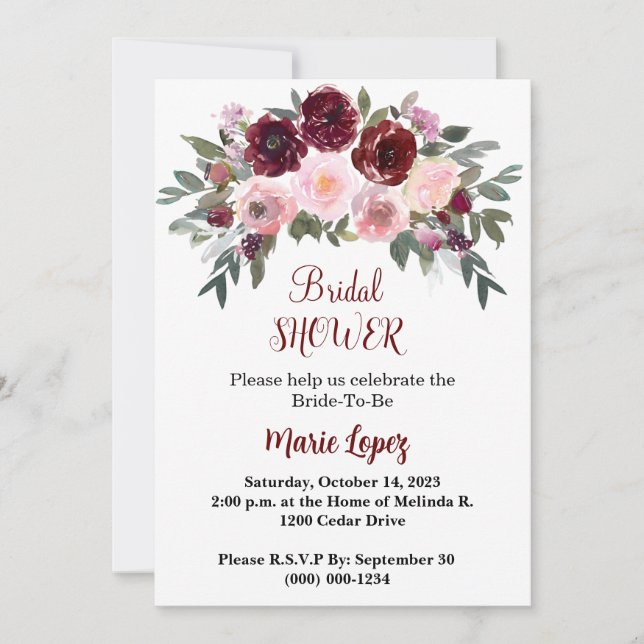 Boho Burgundy and Blush Floral Bridal Shower Invitation (Front)