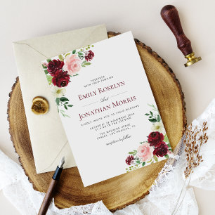 boho burgundy and blush floral wedding invitation