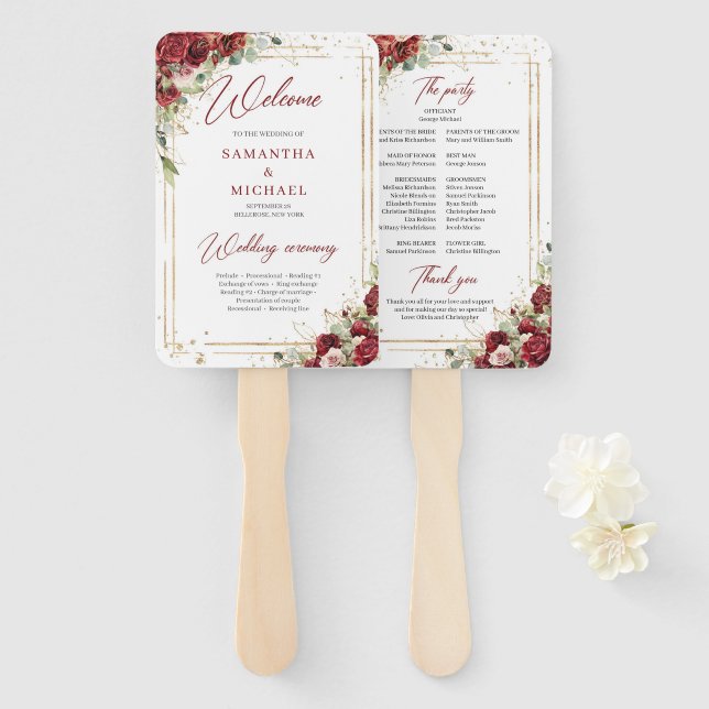 Boho burgundy and blush roses eucalyptus program hand fan (Front and Back)