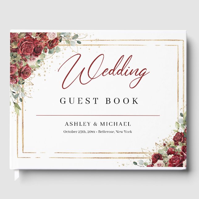Boho burgundy and blush roses gold wedding guest book (Front)