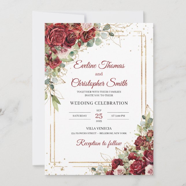 Boho burgundy and blush roses wedding invitation (Front)