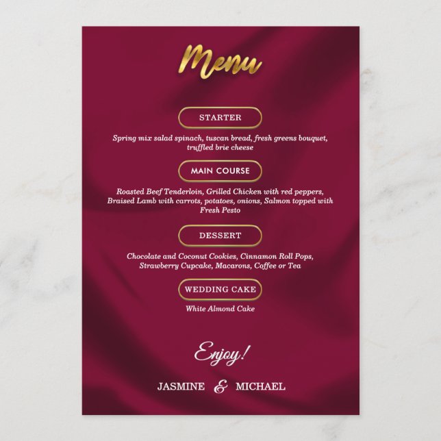 Boho Burgundy and Gold Elegant Script Wedding  Menu (Front)