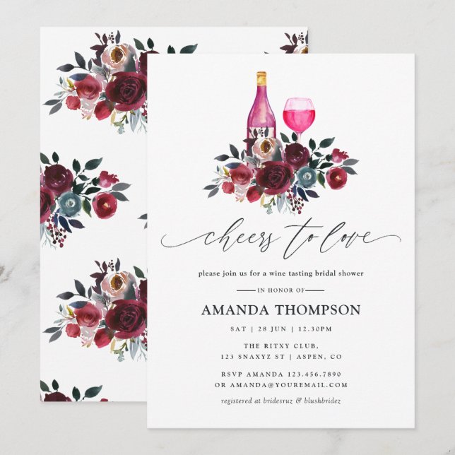Boho Burgundy and Navy Bridal Shower Wine Tasting  Invitation (Front/Back)
