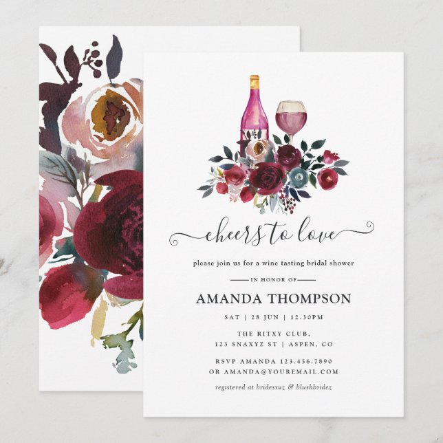 Boho Burgundy and Navy Bridal Shower Wine Tasting  Invitation (Front/Back)
