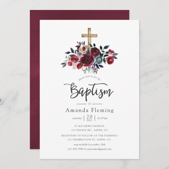 Boho Burgundy and Navy Floral Baptism Invitation (Front/Back)