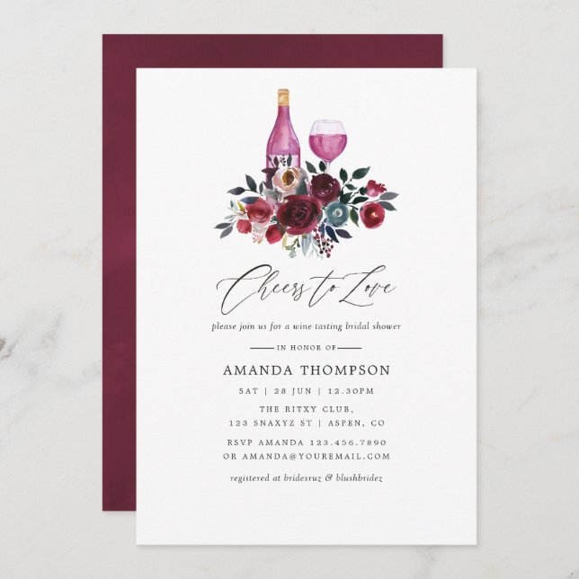 Boho Burgundy and Navy Wine Tasting Bridal Shower Invitation (Front/Back)