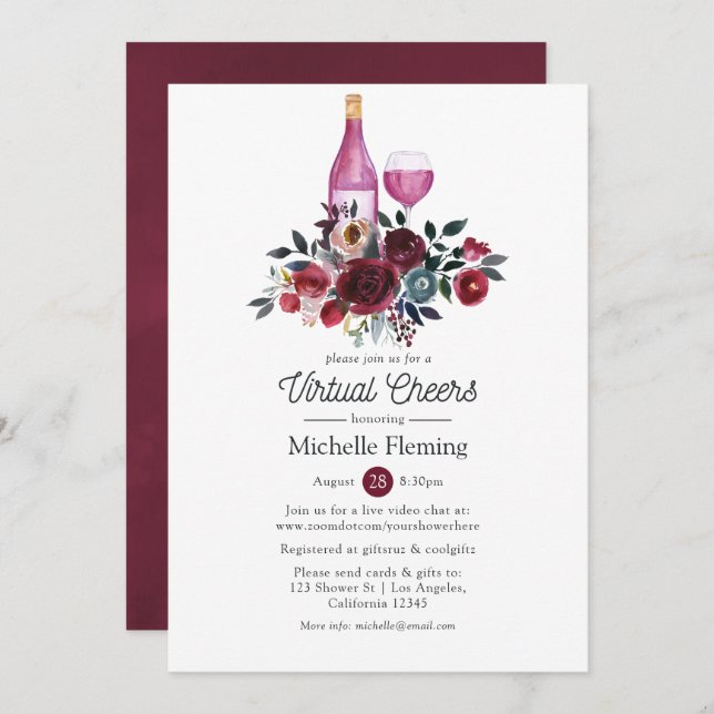 Boho Burgundy and Navy Wine Virtual Bridal Shower Invitation (Front/Back)
