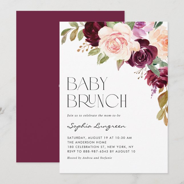 Boho Burgundy and Peach Flowers Fall Baby Brunch Invitation (Front/Back)