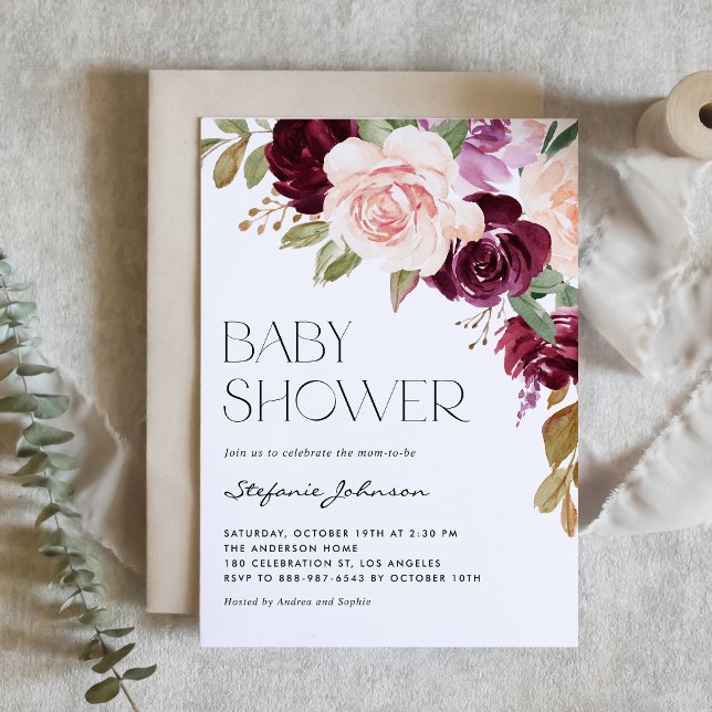 Boho Burgundy and Peach Flowers Fall Baby Shower Invitation (Creator Uploaded)