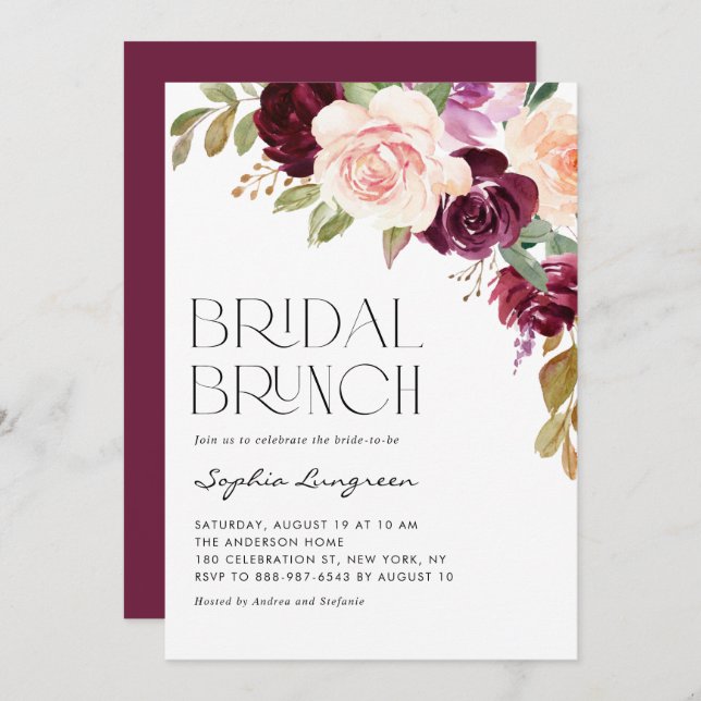 Boho Burgundy and Peach Flowers Fall Bridal Brunch Invitation (Front/Back)