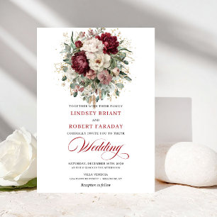 Boho Burgundy and White Flowers Wedding Invitation