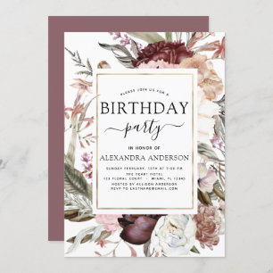 Boho Burgundy Any Age Birthday Floral Invitation