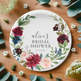 Boho Burgundy Blue Floral Script Bridal Shower Paper Plate