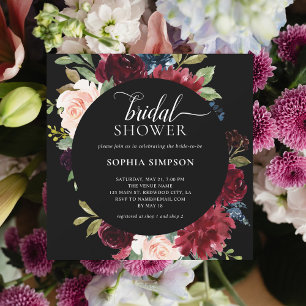 Boho Burgundy Blue Flowers Script Bridal Shower Invitation