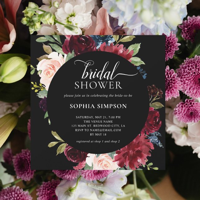 Boho Burgundy Blue Flowers Script Bridal Shower  Invitation (Creator Uploaded)