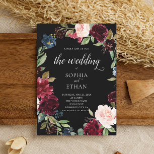 Boho Burgundy Blue Flowers Wedding Invitation