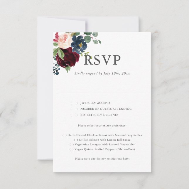 Boho Burgundy Blue Flowers Wedding RSVP (Front)