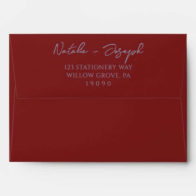 Boho Burgundy Blue Hand Written Whimsical Wedding Envelope (Back (Top Flap))