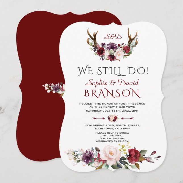 Boho Burgundy Blush Floral Antlers WE STILL DO Invitation (Front/Back)