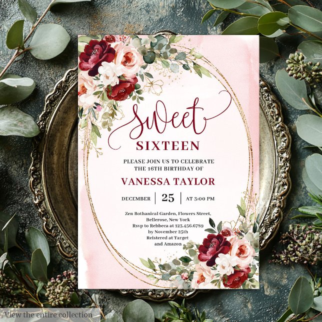 Boho Burgundy Blush Floral Sweet Sixteen Party Invitation (Boho Burgundy Blush Floral Sweet Sixteen Party Invitation)