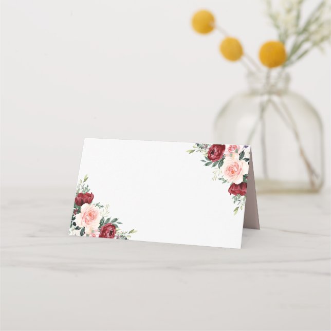 Boho Burgundy Blush Floral Wedding Folded Place Card (Front)