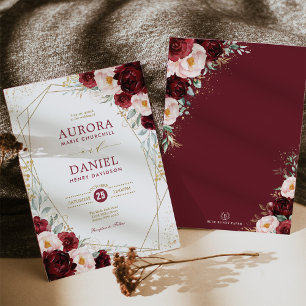 Boho Burgundy Blush Gold Flowers Geometric Wedding Invitation