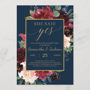 Boho burgundy blush navy floral engagement invitation