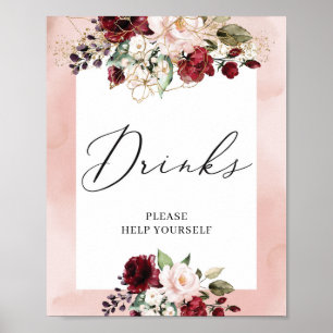 Boho burgundy blush pink floral gold drinks sign