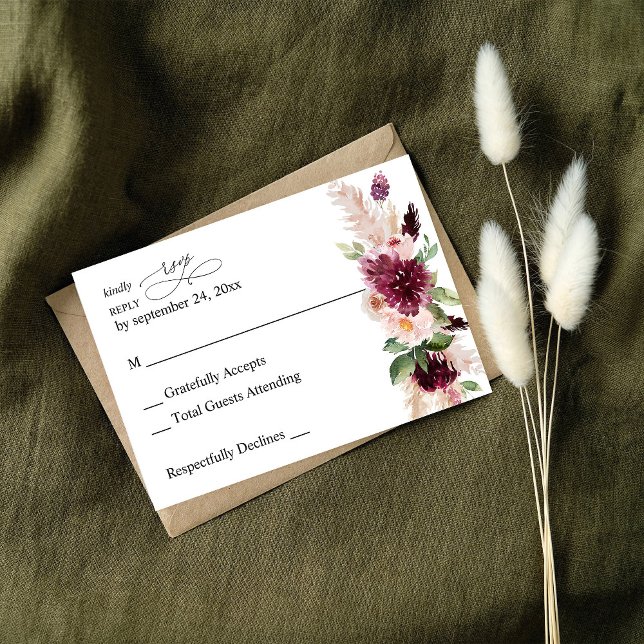 Boho Burgundy & Blush Pink Floral no Meal RSVP 2 Card (Creator Uploaded)