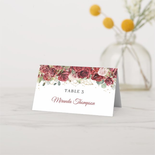 Boho burgundy & blush roses eucalyptus place card (Front)
