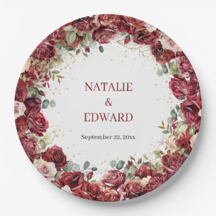 Boho burgundy blush roses eucalyptus Wedding  Paper Plate