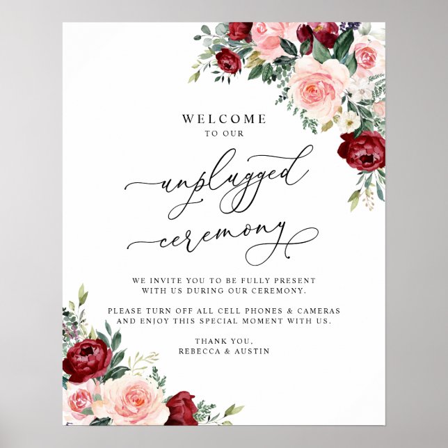 Boho Burgundy Blush Unplugged Ceremony Wedding Poster (Front)