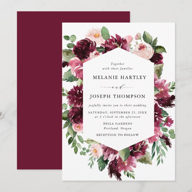 Boho Burgundy & Blush Watercolor Floral Wedding Invitation (Front/Back)
