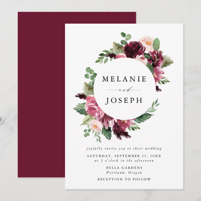 Boho Burgundy & Blush Watercolor Floral Wedding Invitation (Front/Back)