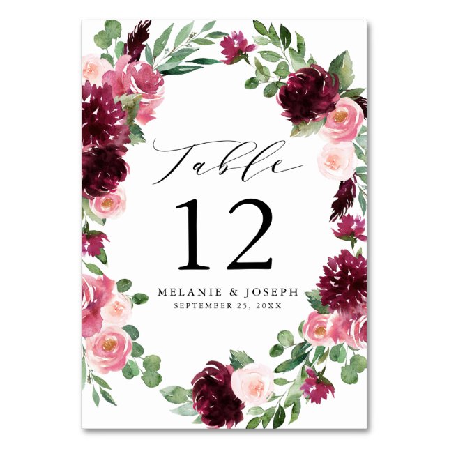 Boho Burgundy & Blush Watercolor Floral Wedding Table Number (Front)