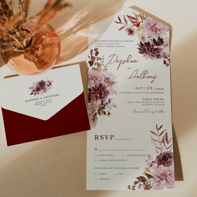 Boho Burgundy Dahlia All in One Wedding Invite (Burgundy All In One Wedding Invitation)