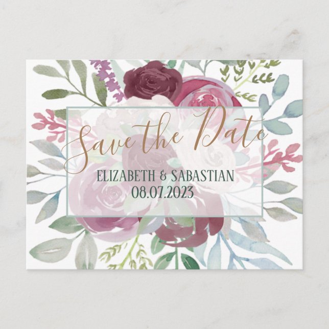 Boho Burgundy & Dusty Blue Floral Save The Date Announcement Postcard (Front)