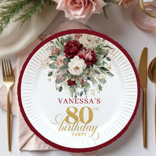 Boho Burgundy Eucalyptus 80th Birthday Paper Plate