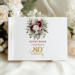 Boho Burgundy Floral 80th Birthday Guest Book
