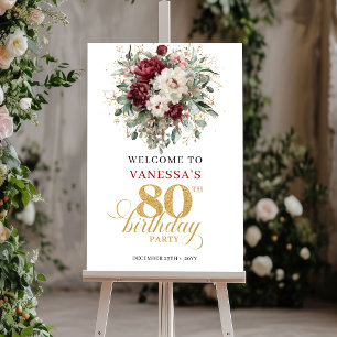 Boho Burgundy Floral 80th Birthday Welcome Poster
