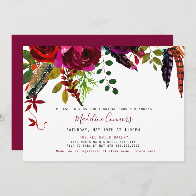 Boho Burgundy Floral and Feathers Bridal Shower Invitation (Front/Back)