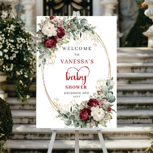 Boho Burgundy Floral Baby Shower Welcome Sign